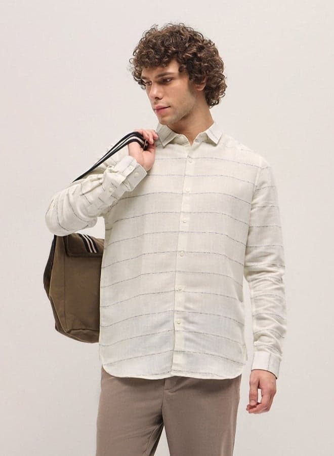 Men’s White Striped Button-Down Shirt – Classic Versatile Fit - Image 1