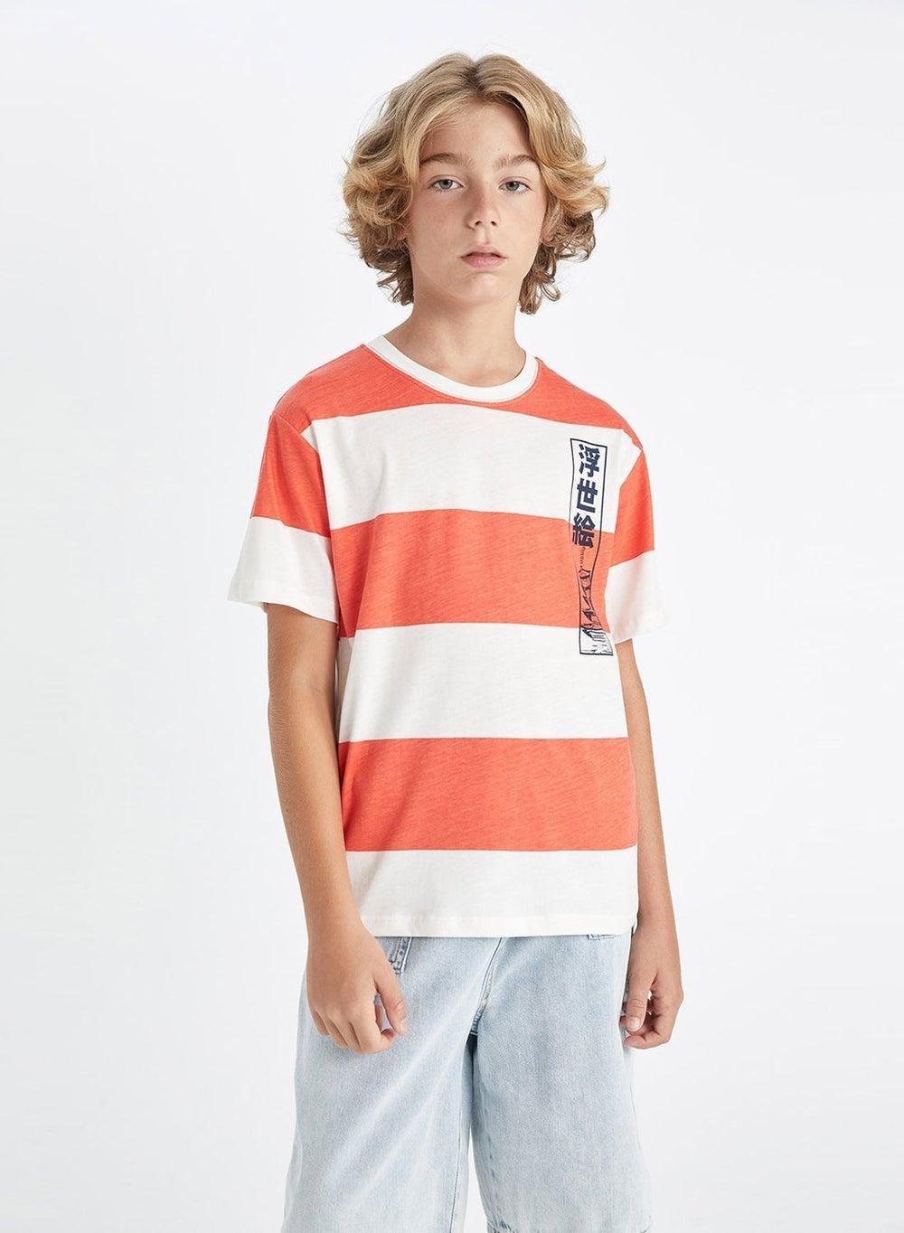 Boys Orange Striped Crew Neck T-Shirt D2417A8 - Image 1