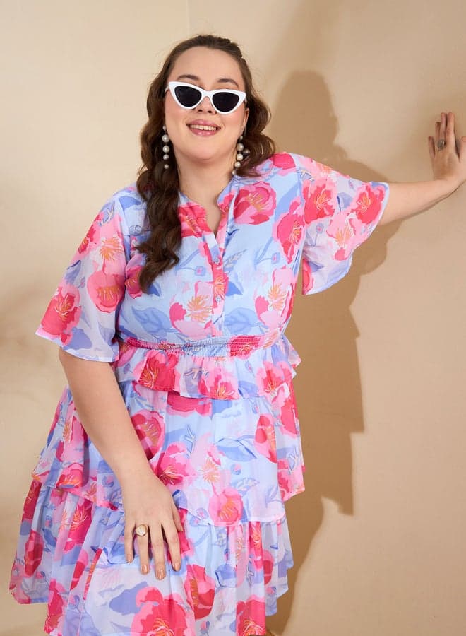 Pink Blue Floral Ruffle Mini Dress 7016401003 - Image 1