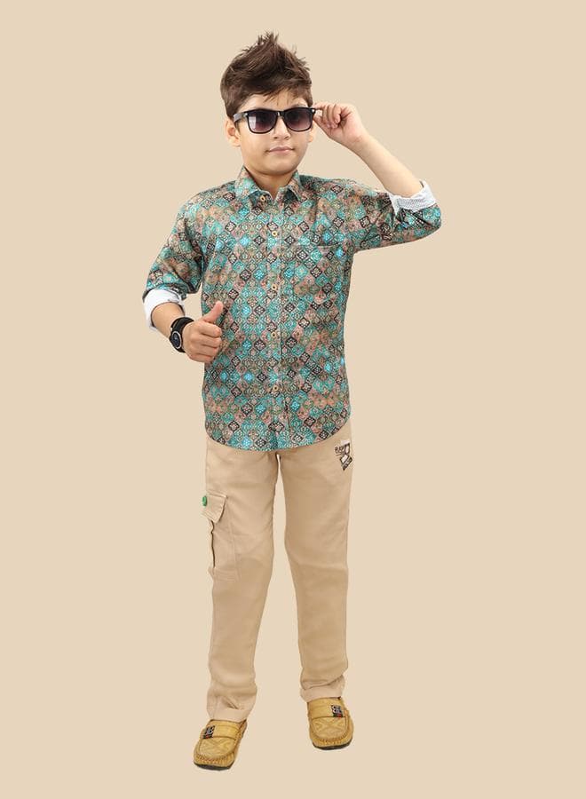 TS Trends Printed Boys Shirt & Pant Set Green - Image 1