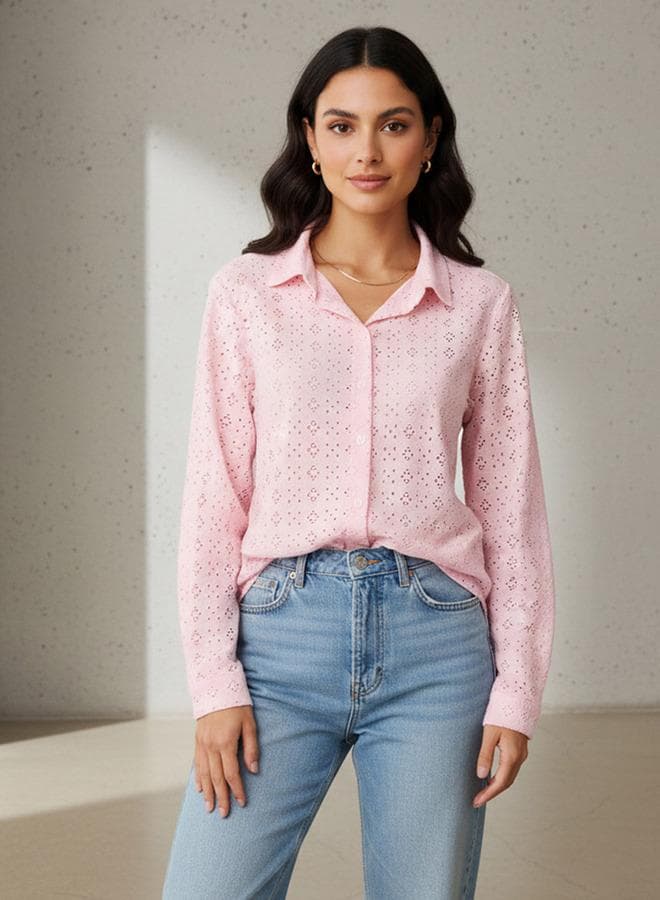 Pink Schiffli Textured Viscose Blend Shirt - Image 1