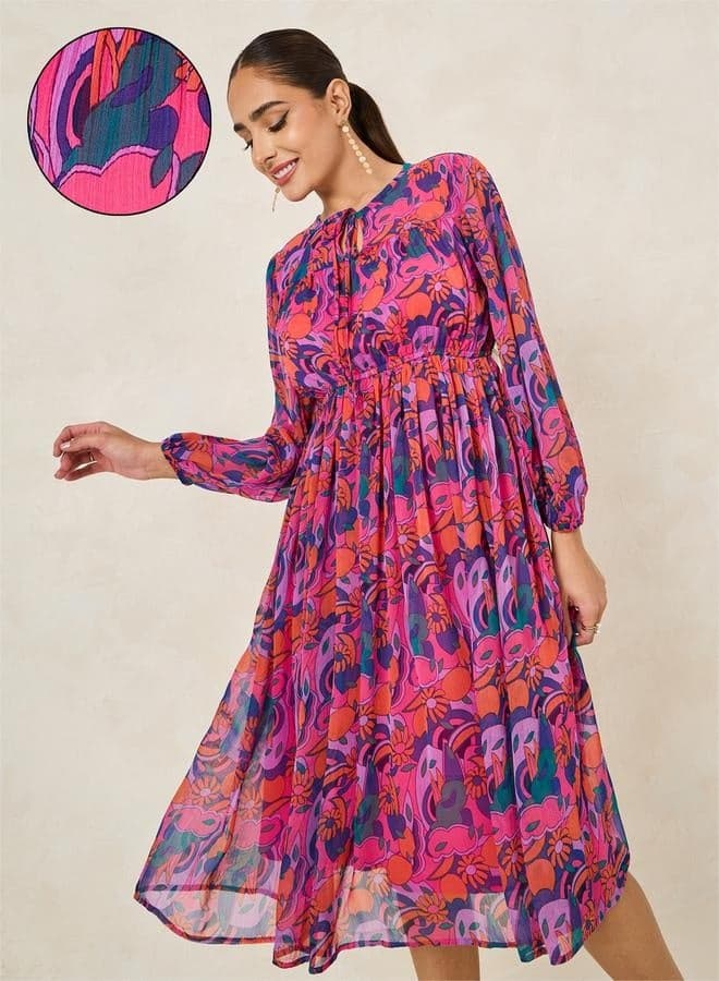 Pink Floral Midi Dress Fit & Flare Elegance - Image 1