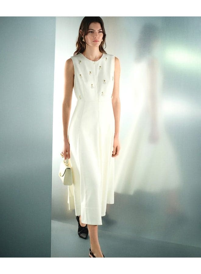 Ivory Linen Blend Appliqué Midi Dress Style No Apparel - Image 1