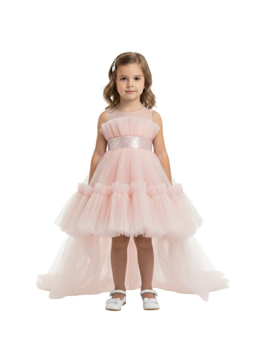 Peach Layered Tulle Dress with Sequin Belt - Image 1