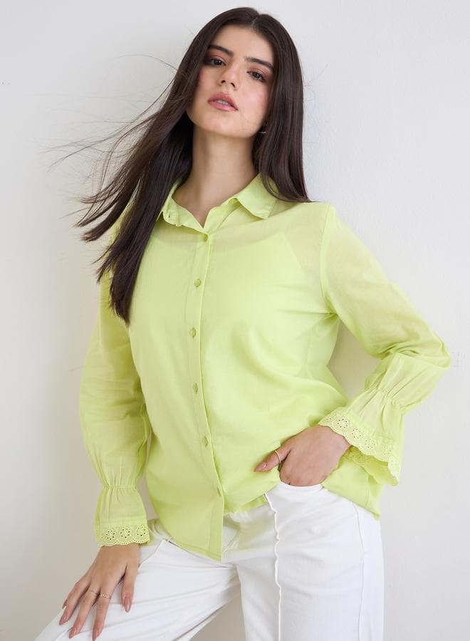 Styli Schiffli Green Cotton Shirt with Inner Cami - Image 1