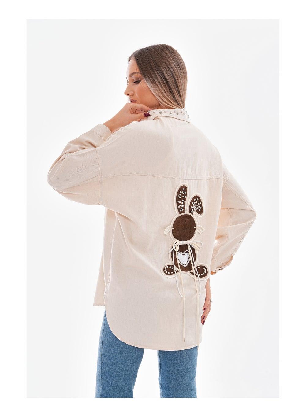 Beige Bunny Patch Modest Shirt – Turkish Cotton Blend - Image 1