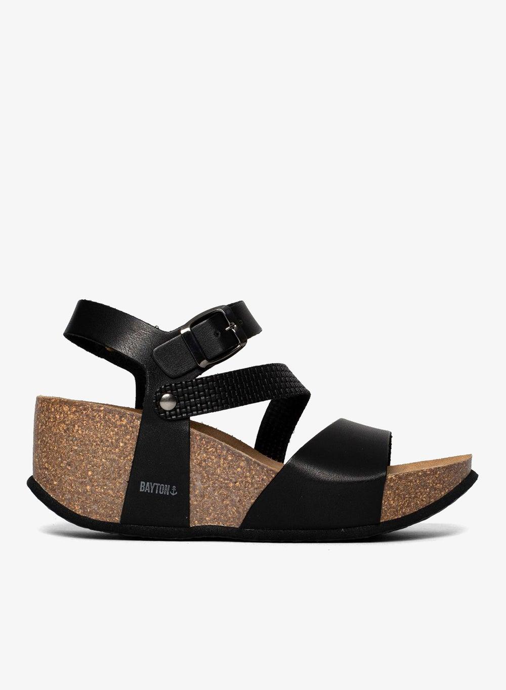 Melilla Black Strappy Mid Heel Cork Wedges - Image 1