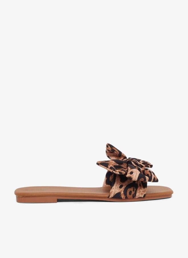 Printed Bow Detail Flat Slip-On Sandals - Image 1