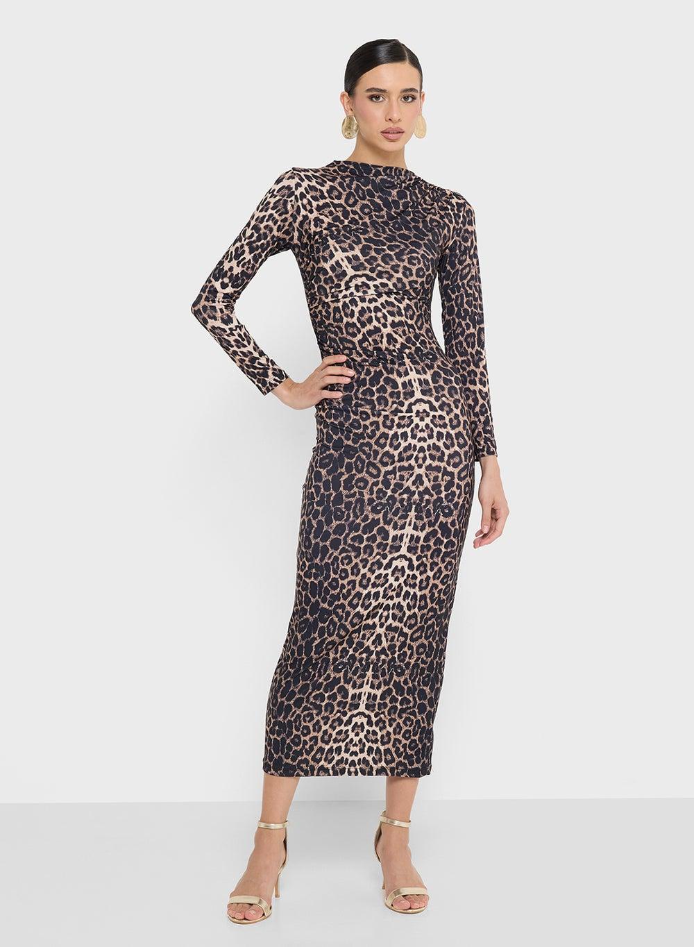 Leopard Print Midi Maxi Bodycon Dress Long Sleeve - Image 1