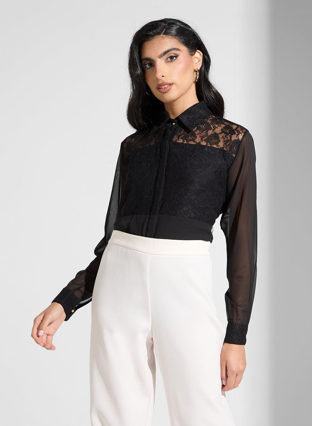 Black Long Sleeve Polo Blouse Classic Modest Fit - Image 1