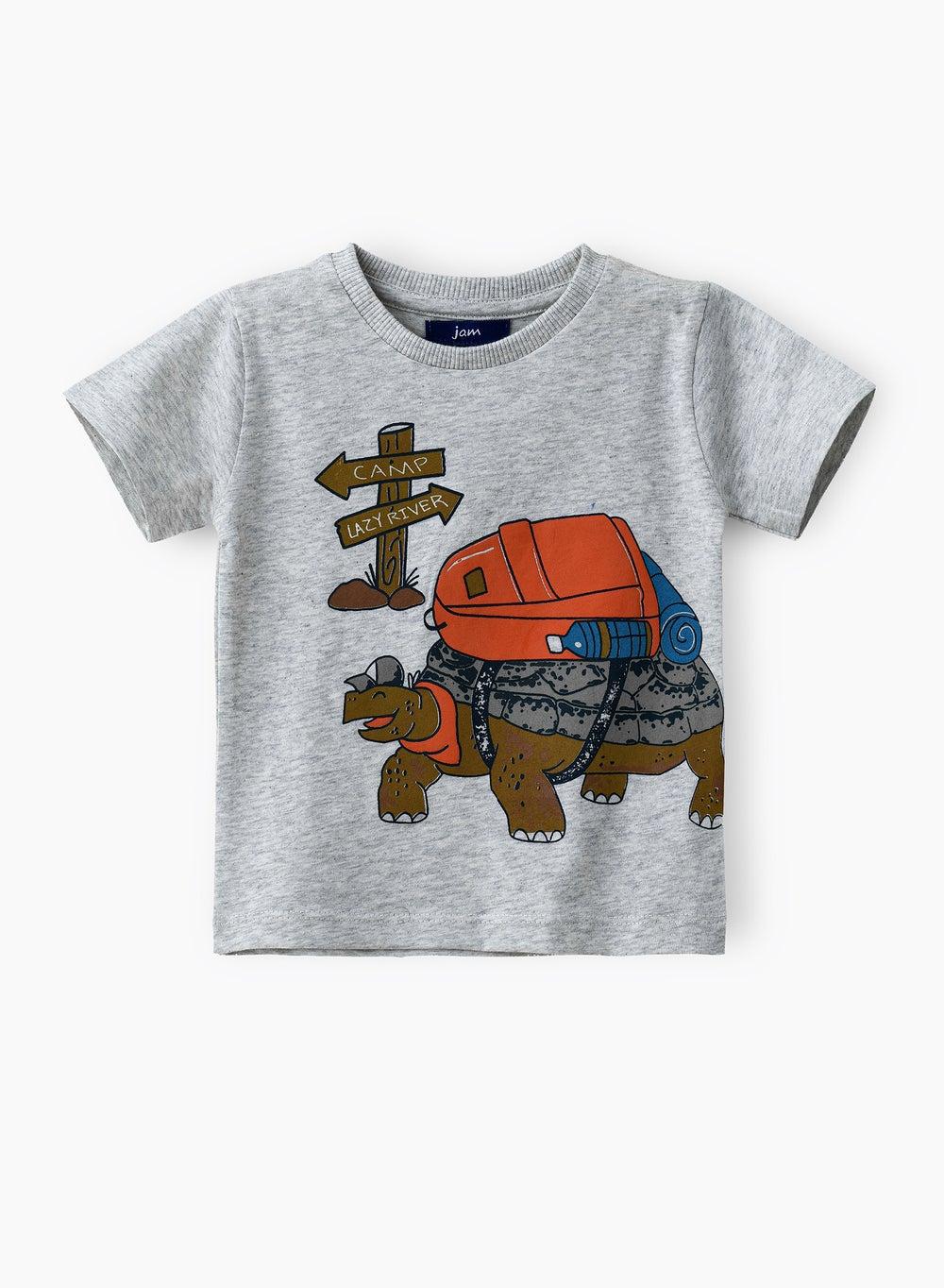 Boys Grey Camping Tortoise Graphic Cotton T-Shirt Crinb4010 - Image 1