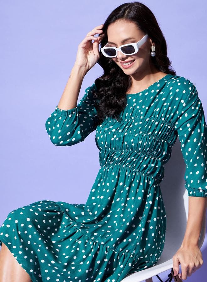Stylestone Teal Polka Dot Ruched Midi Dress - Image 1