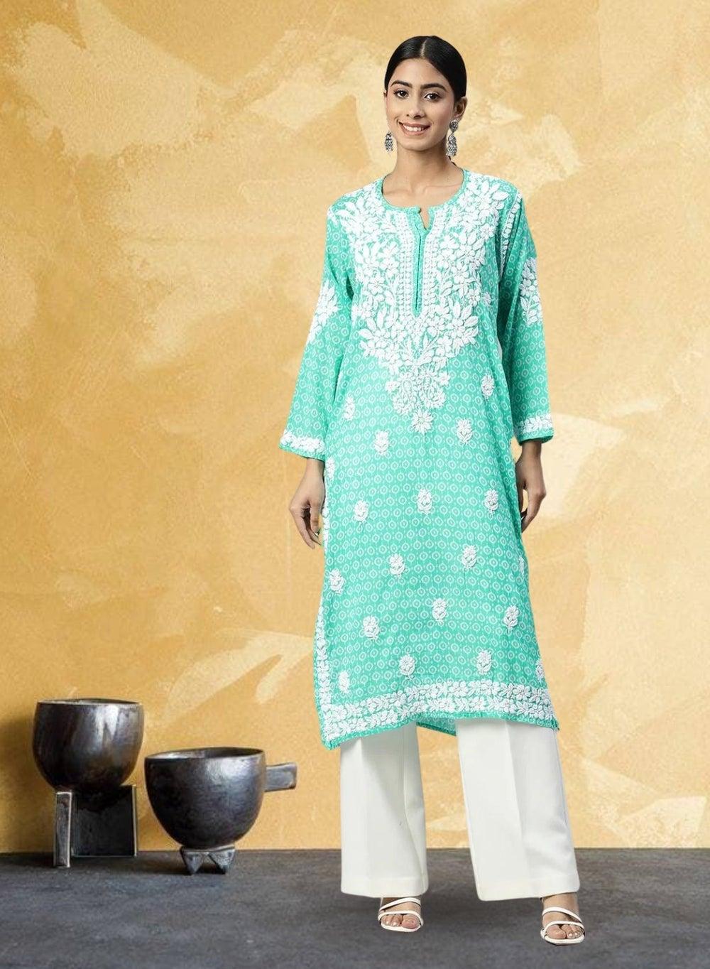 Green Chikankari Mulmul Cotton Kurta AL3650 - Image 1