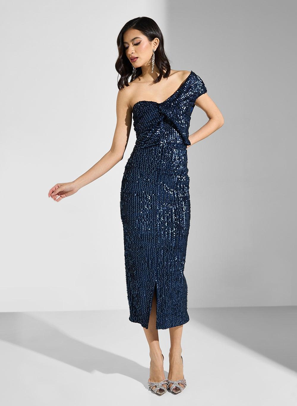 Navy Velvet Sequin One-Shoulder Twisted Midi Dress - Image 1