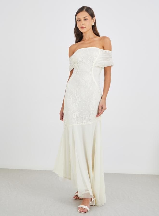 Styli Navy Lace Off-Shoulder Asymmetric Maxi Dress - Image 1
