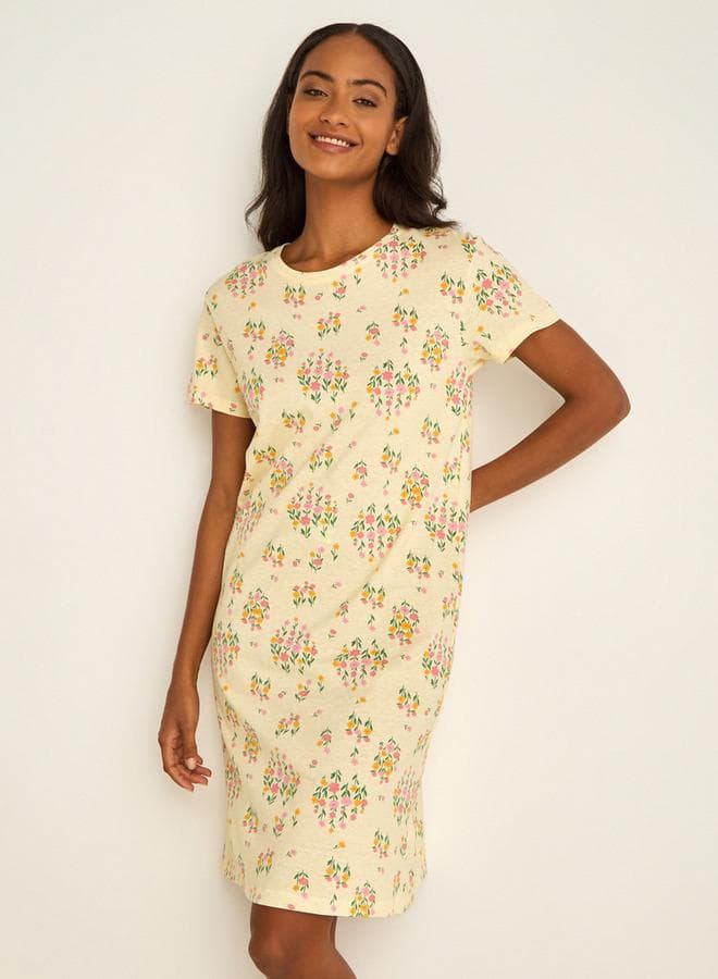 Yellow Cotton Blend Knee-Length Nighty Round Neck - Image 1