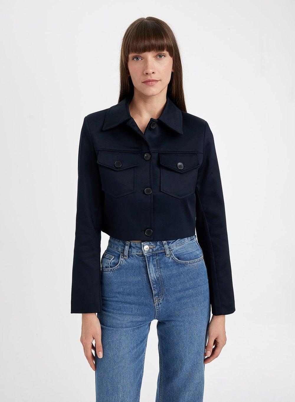 Navy Cropped Shirt Collar Button-Up Blazer D4276Ax - Image 1