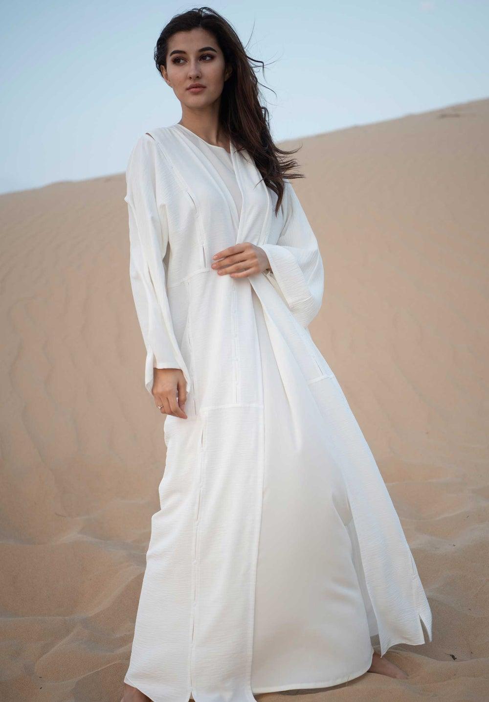 Embroidered Open Abaya White Round Neck Long Sleeve - Image 1