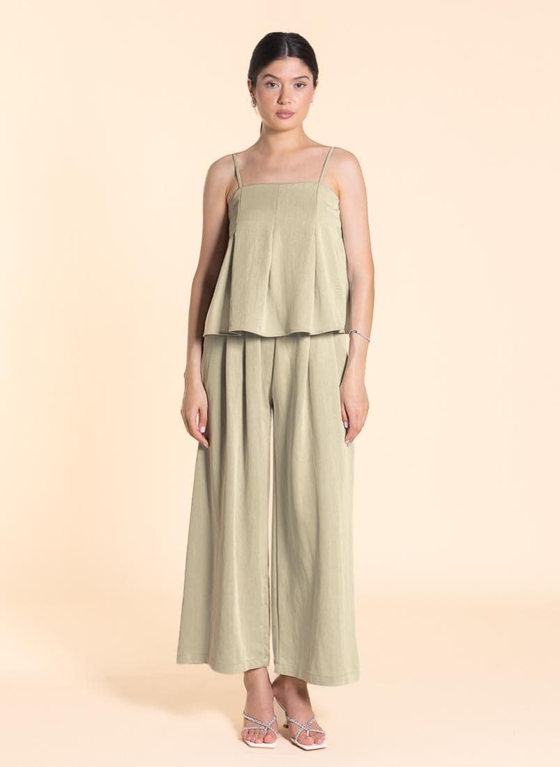 Beige Strappy Top Set with Elastic Waist Pants - Image 1