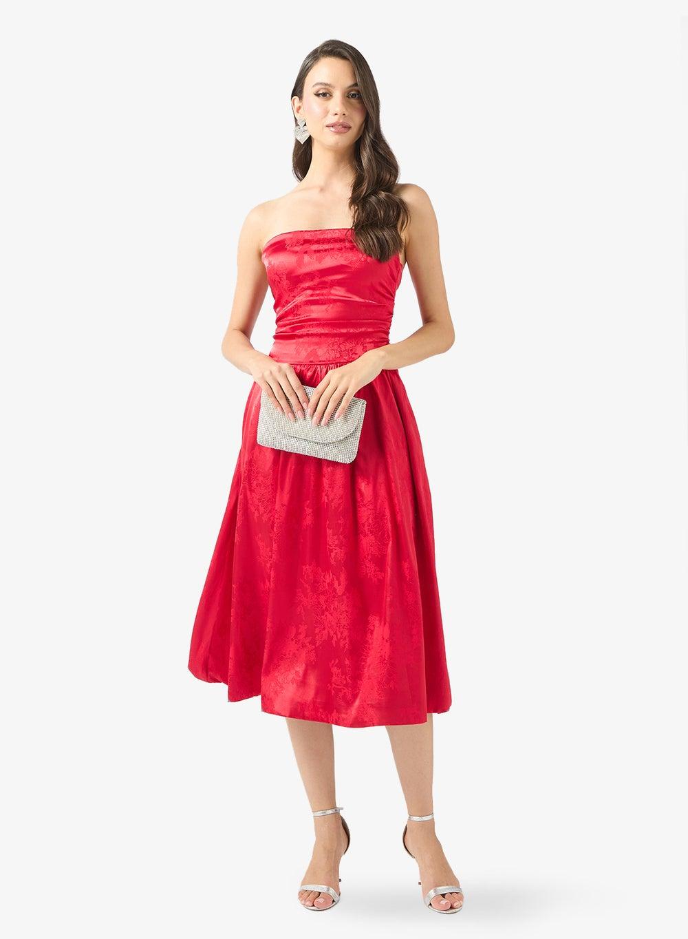 Clt256165 Red Floral Bandeau Midi Cocktail Dress - Image 1