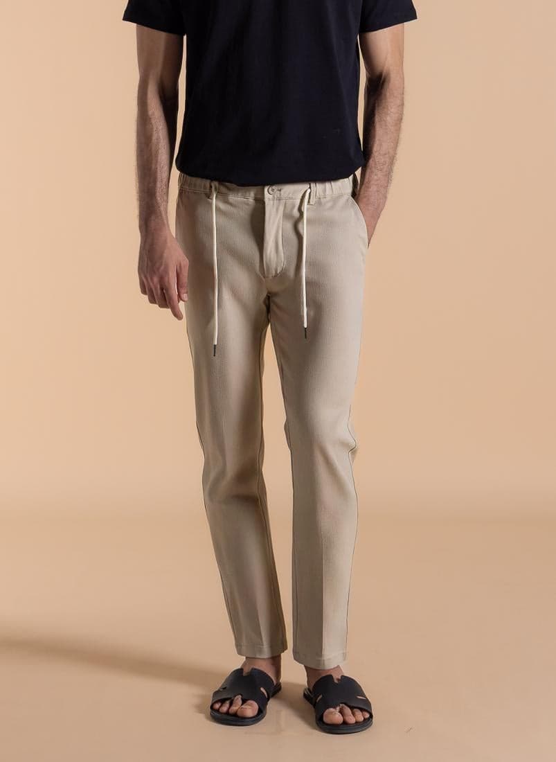 Detailed Slim Comfort Trousers – Beige Elastic Fit - Image 1