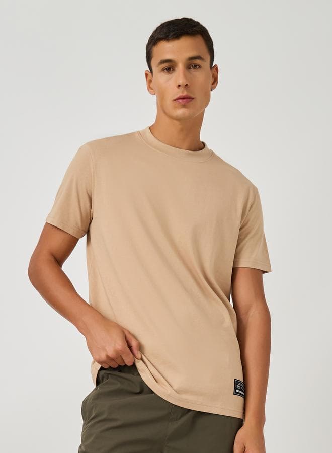 Beige Badge Detail Mock Neck Cotton T-Shirt - Image 1