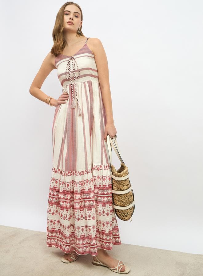 Styli Striped Tiered Maxi Dress 7010642719Maroon - Image 1