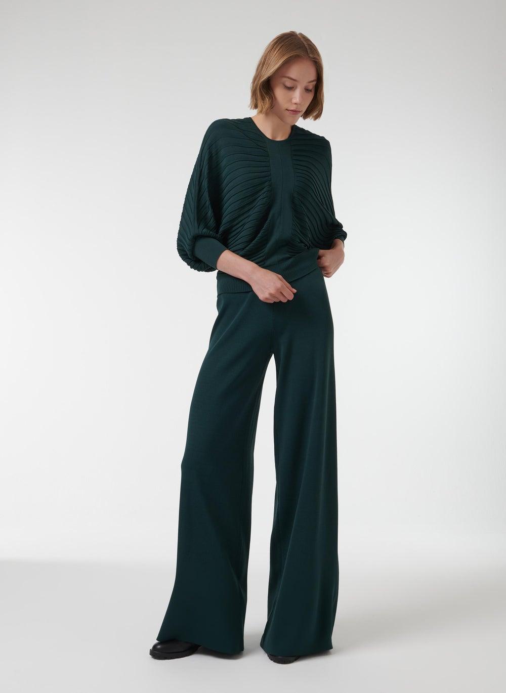 Dark Green Batwing Embossed Knit Top - Image 1