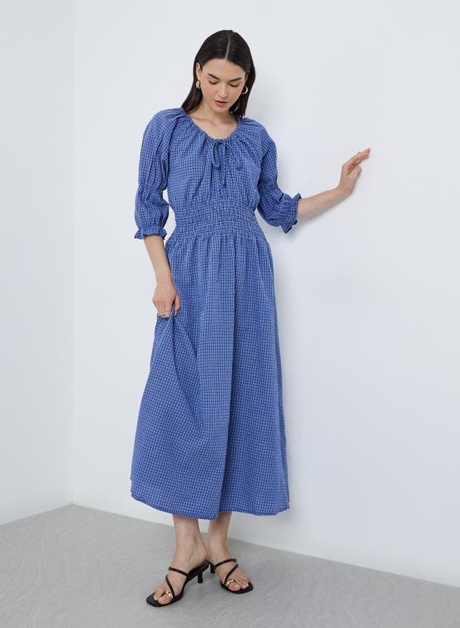 Royal Blue Checkered Smocked Tie-Neck Midi Dress - Image 1