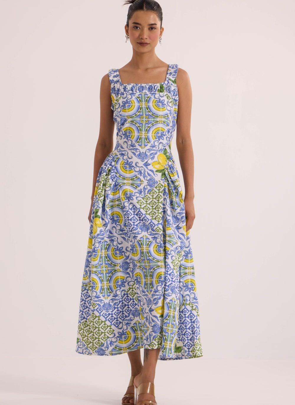 Amalfi Tile Print Corset Midi Dress - Image 1