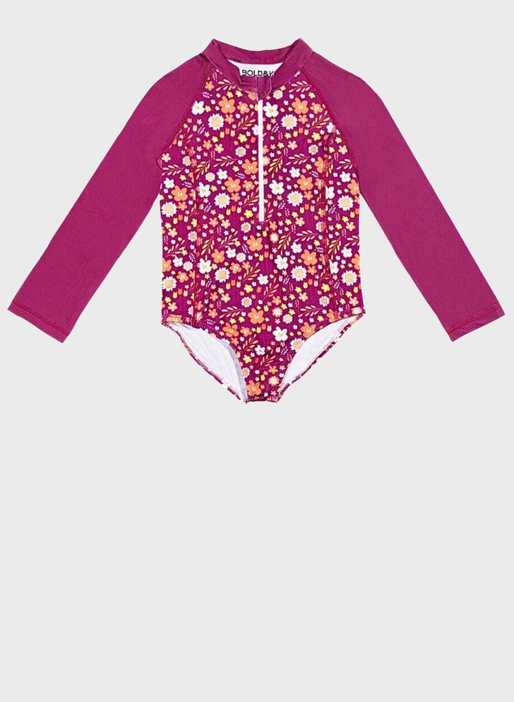 Girls Floral Print Long Sleeve Rashguard Swimsuit - Image 1