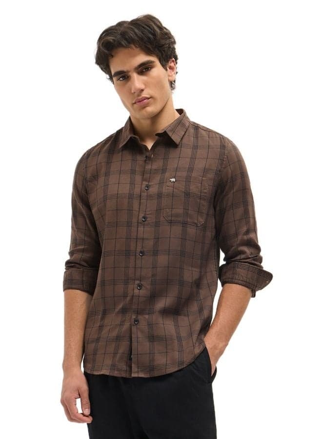 Men’s Brown Checkered Cotton Blend Button-Down Shirt - Image 1