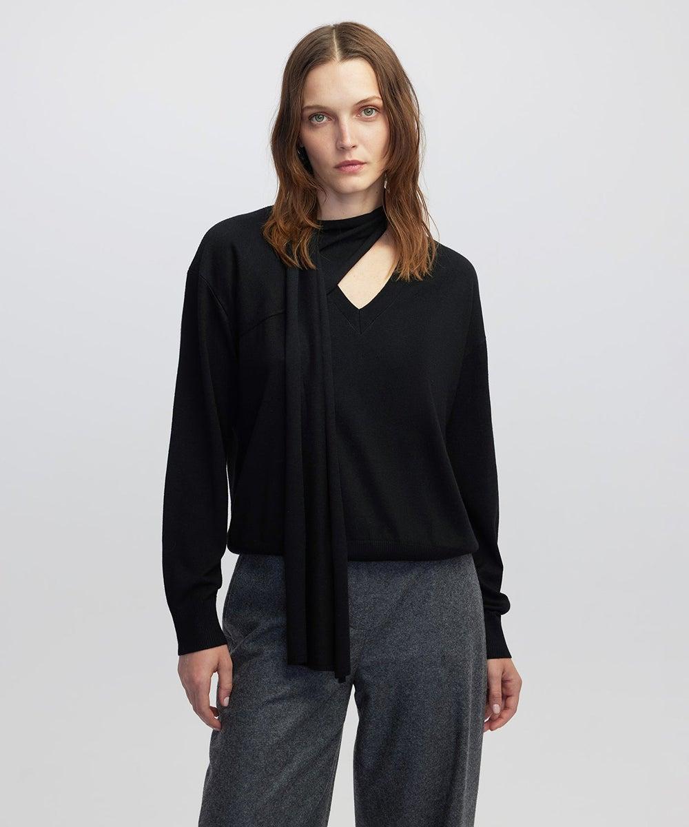 Black Scarf Knit Sweater Regular Fit V-Neck - Image 1