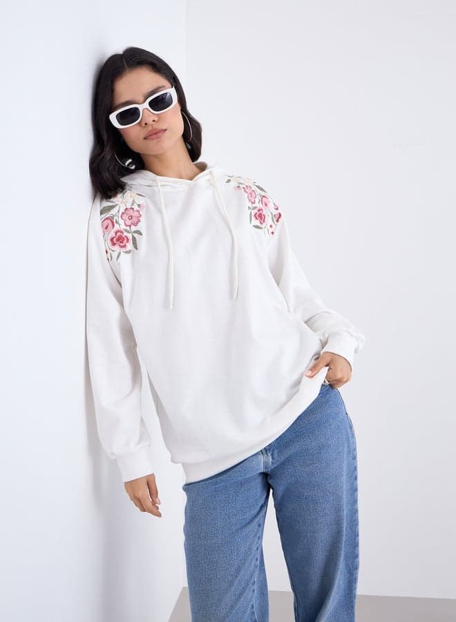Styli Off-White Floral Embroidered Cotton Hoodie - Image 1