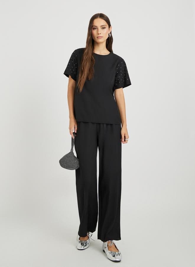 Black Solid Short Sleeve Co-Ord Pants Set - Image 1
