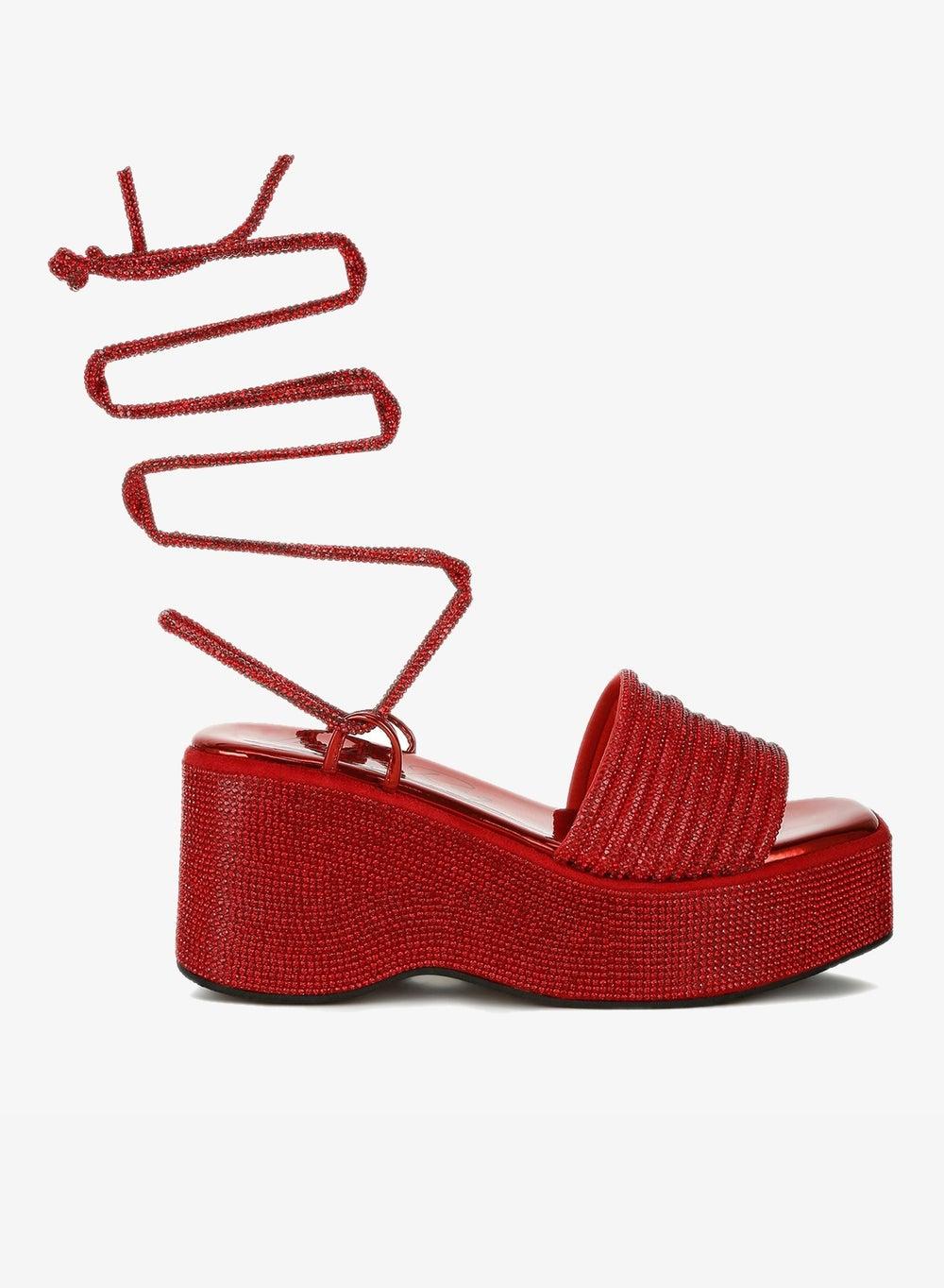 Red Rhinestone Lace-Up Mid Heel Sandals Sh4897 - Image 1