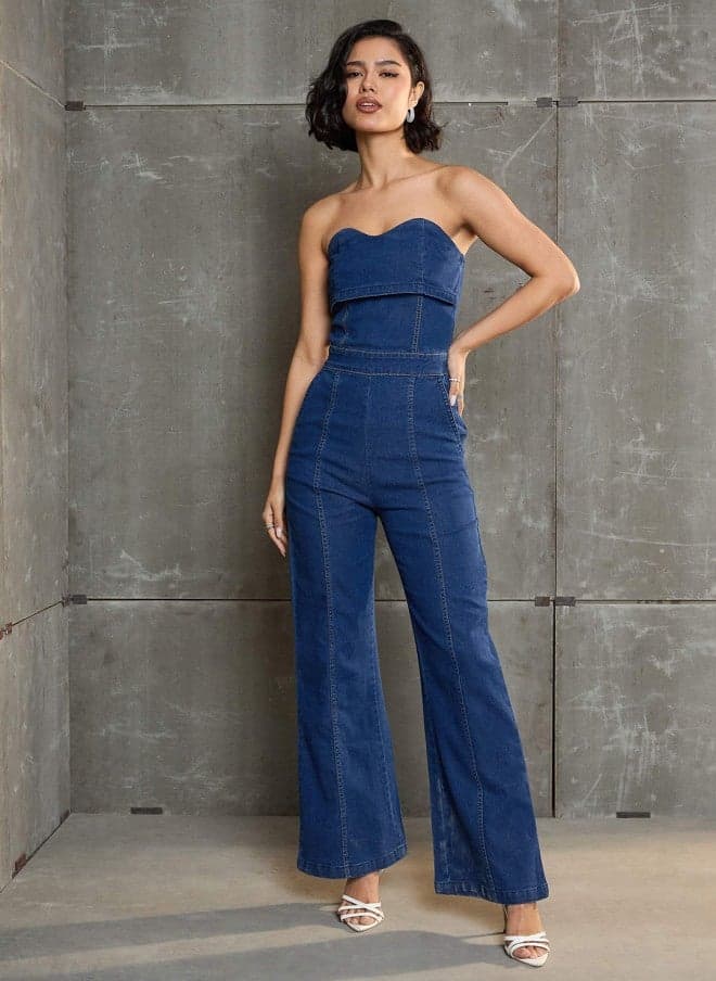 Navy Blue Off-Shoulder Cotton Wide-Leg Jumpsuit - Image 1