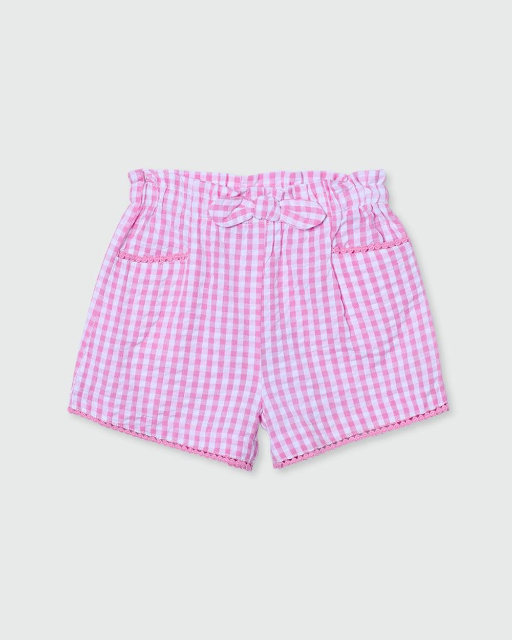 Girls Yarn-Dyed Pink Check Cotton Shorts - Image 1