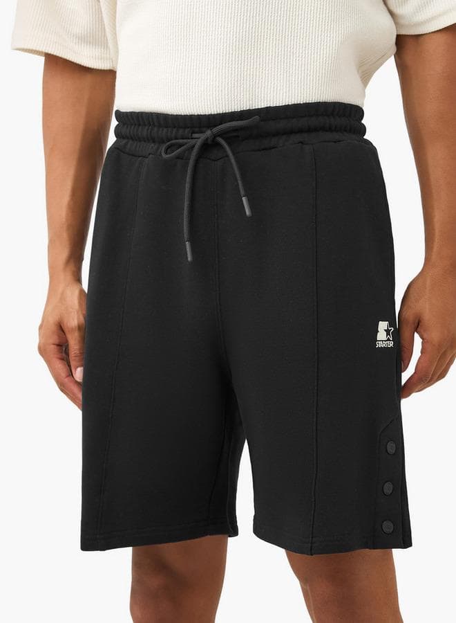 Starter Button Detail Drawstring Cotton Shorts Black - Image 1