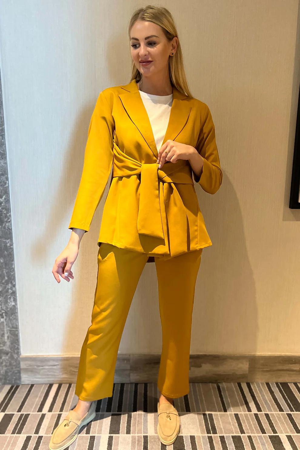 Gold Tie Detail Barbie Crepe Blazer Pants Set - Image 1
