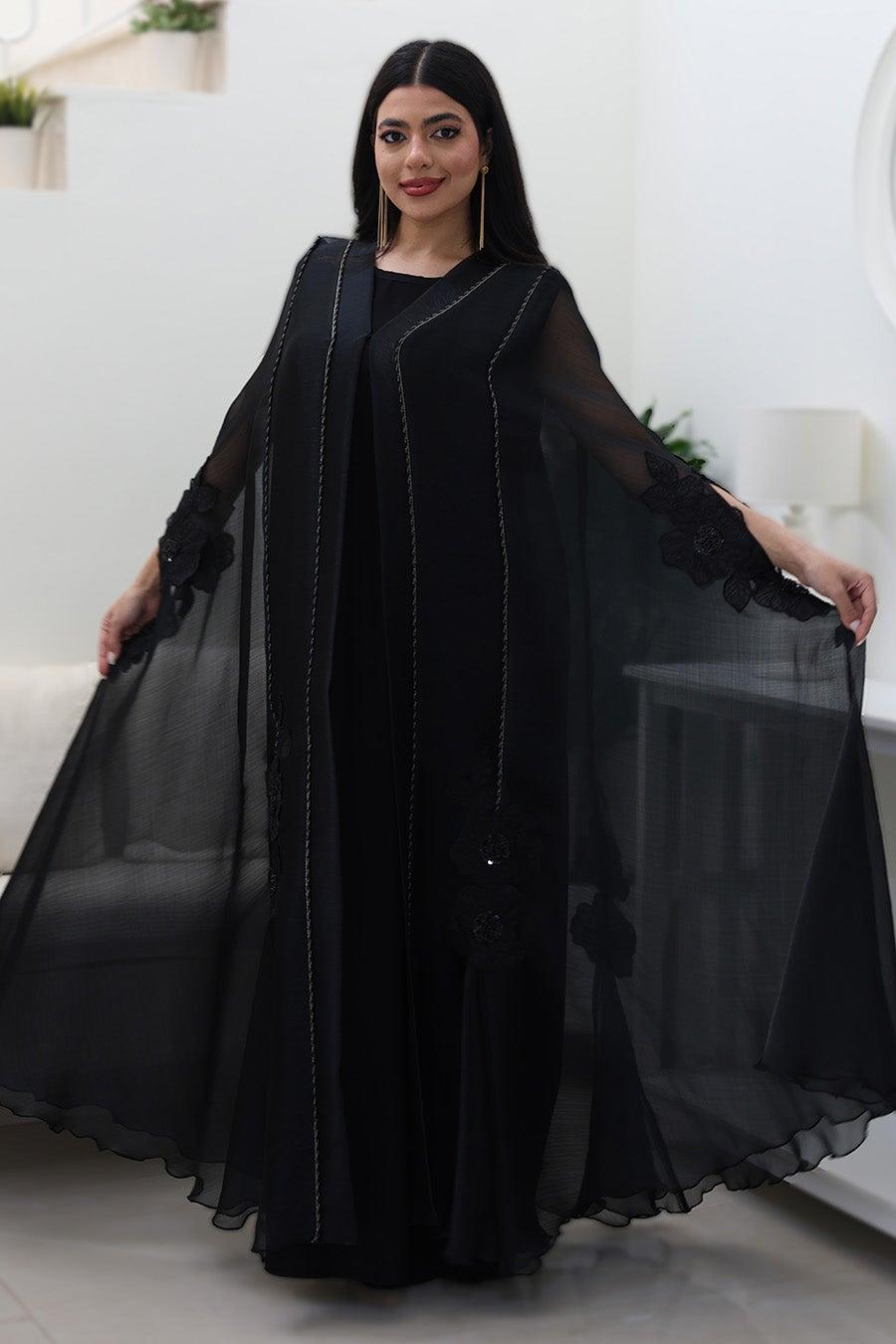 Midnight Bloom Abaya 770 Elegant Sheer Layered Design - Image 1
