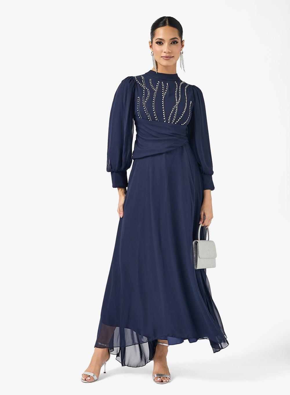 Navy A-Line Maxi Dress AF1100849 Embellished Bodice - Image 1