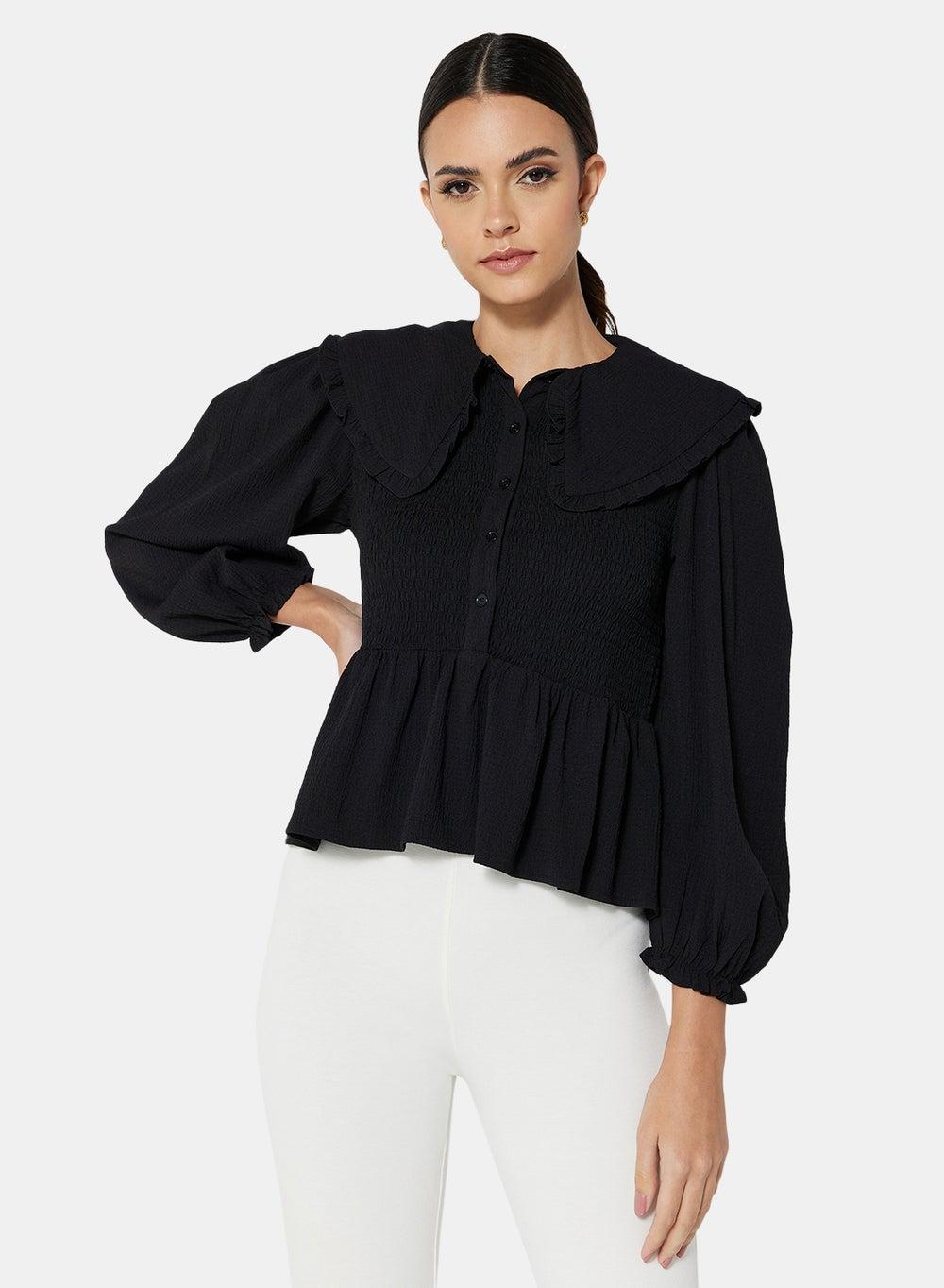 Black Ruffle Trim Collared Cutout Blouse - Image 1