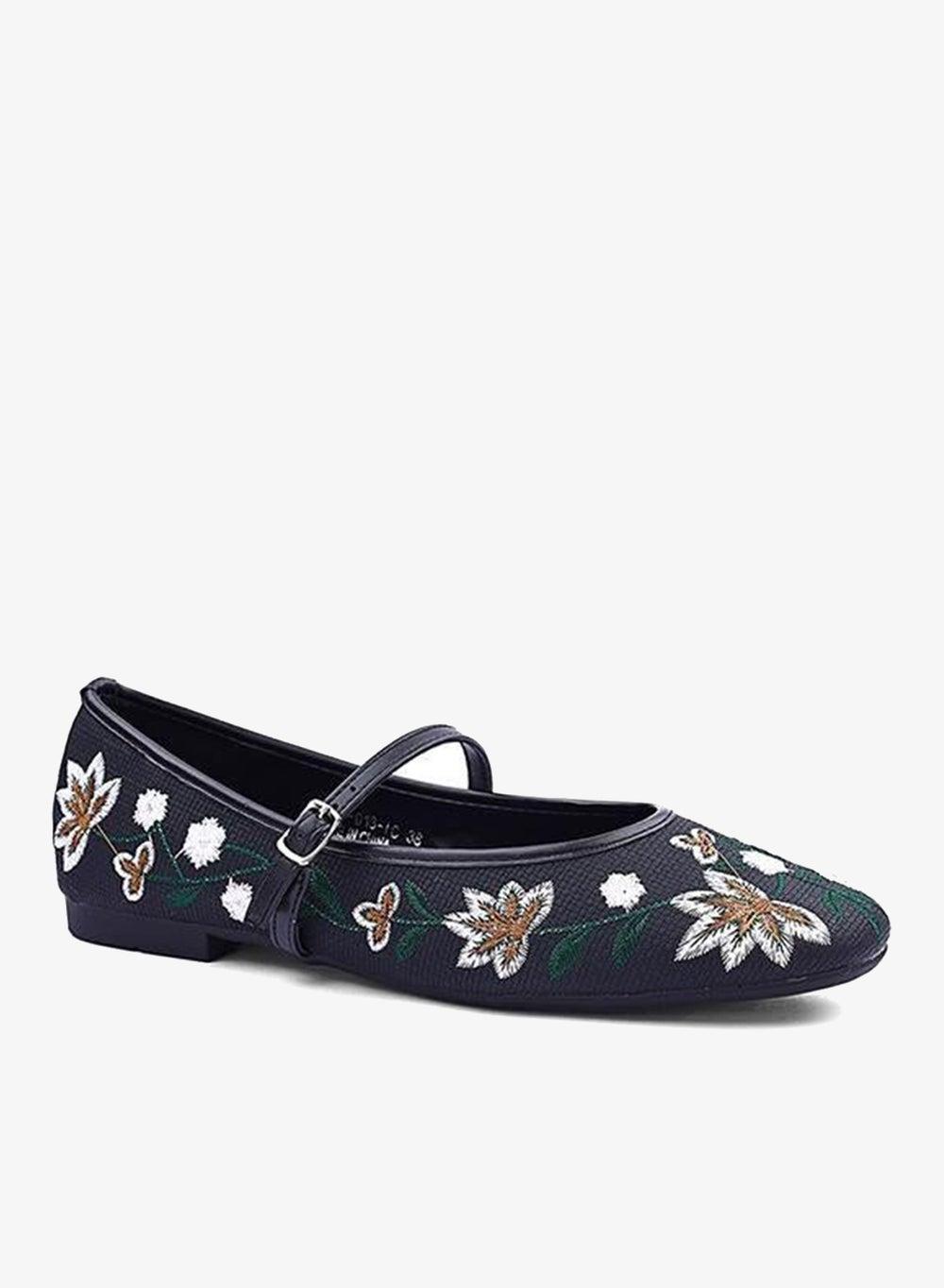 Black Mesh Floral Embroidered Ballerina Pumps with Buckle - Image 1