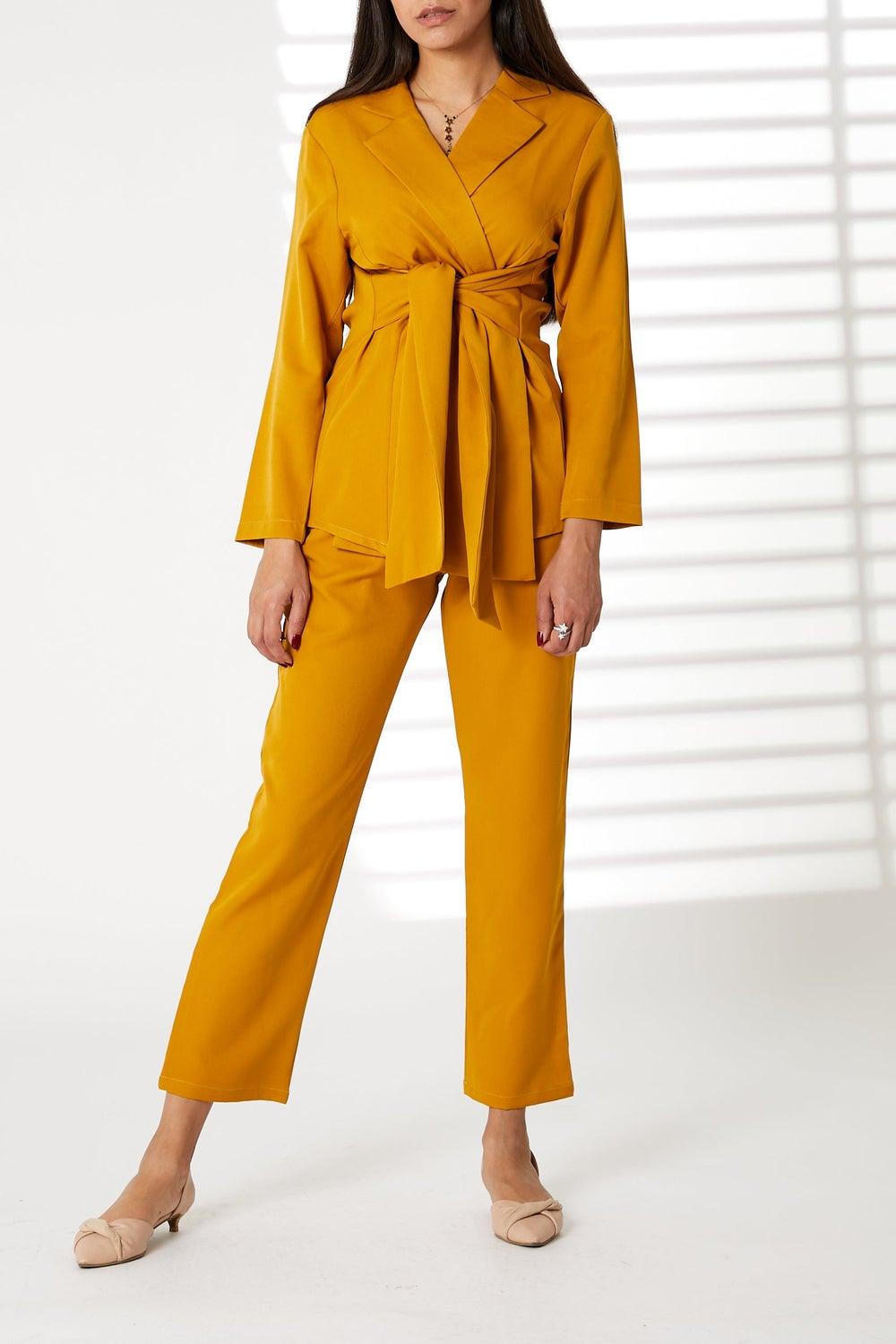 Yellow Tie-Detail Blazer and Pants Set - Image 1