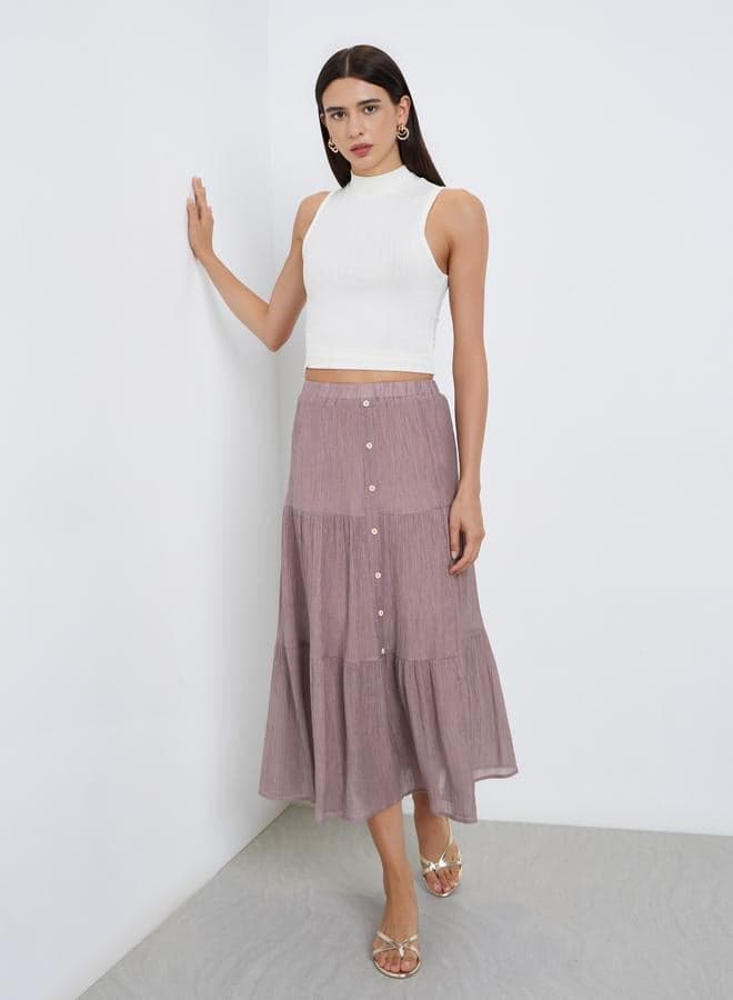 Take Two Tan Button Detail Tiered Midi Skirt - Image 1