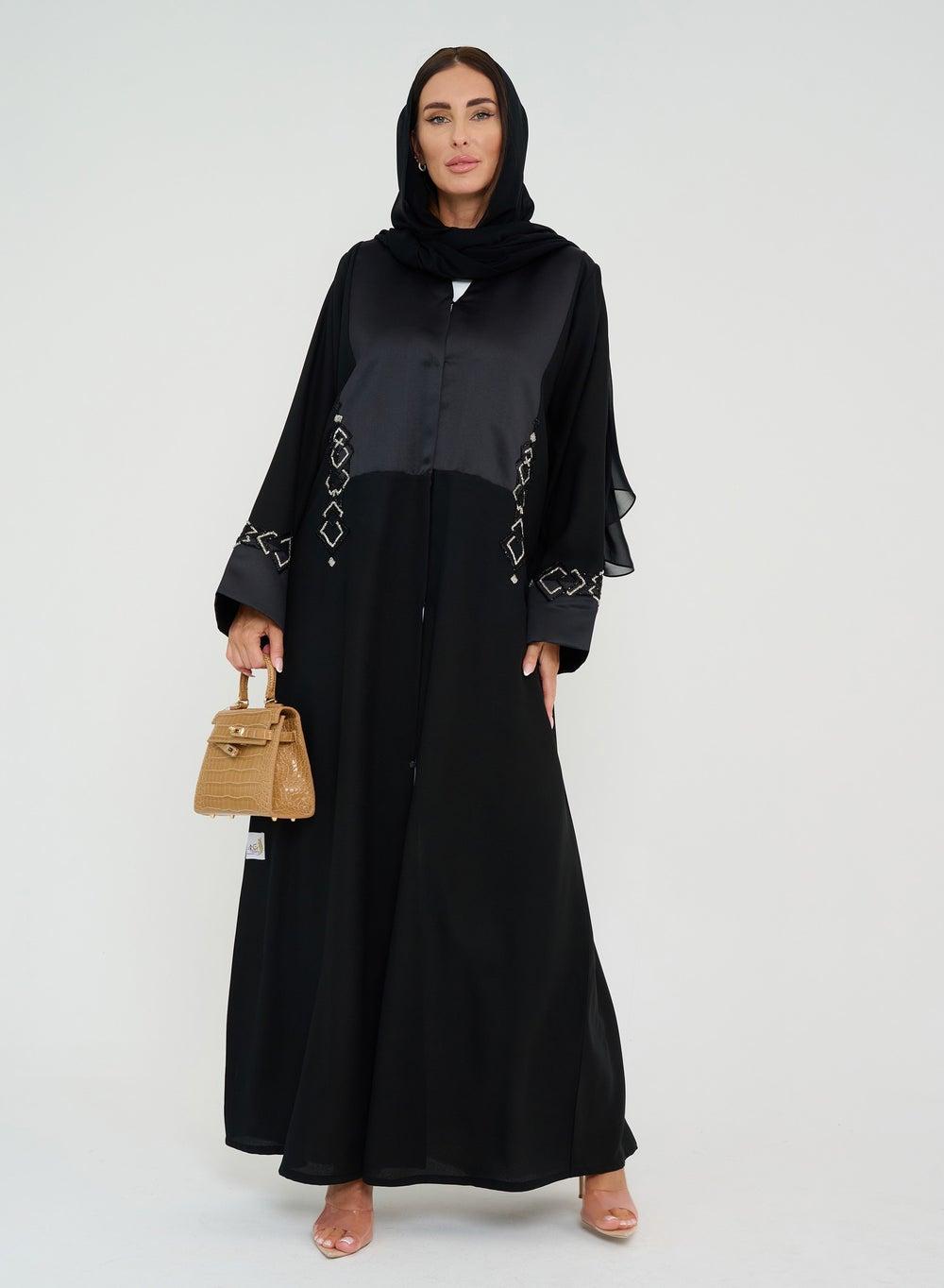 Black Embroidered Chest-Cut Abaya with Wide Sleeves - Image 1