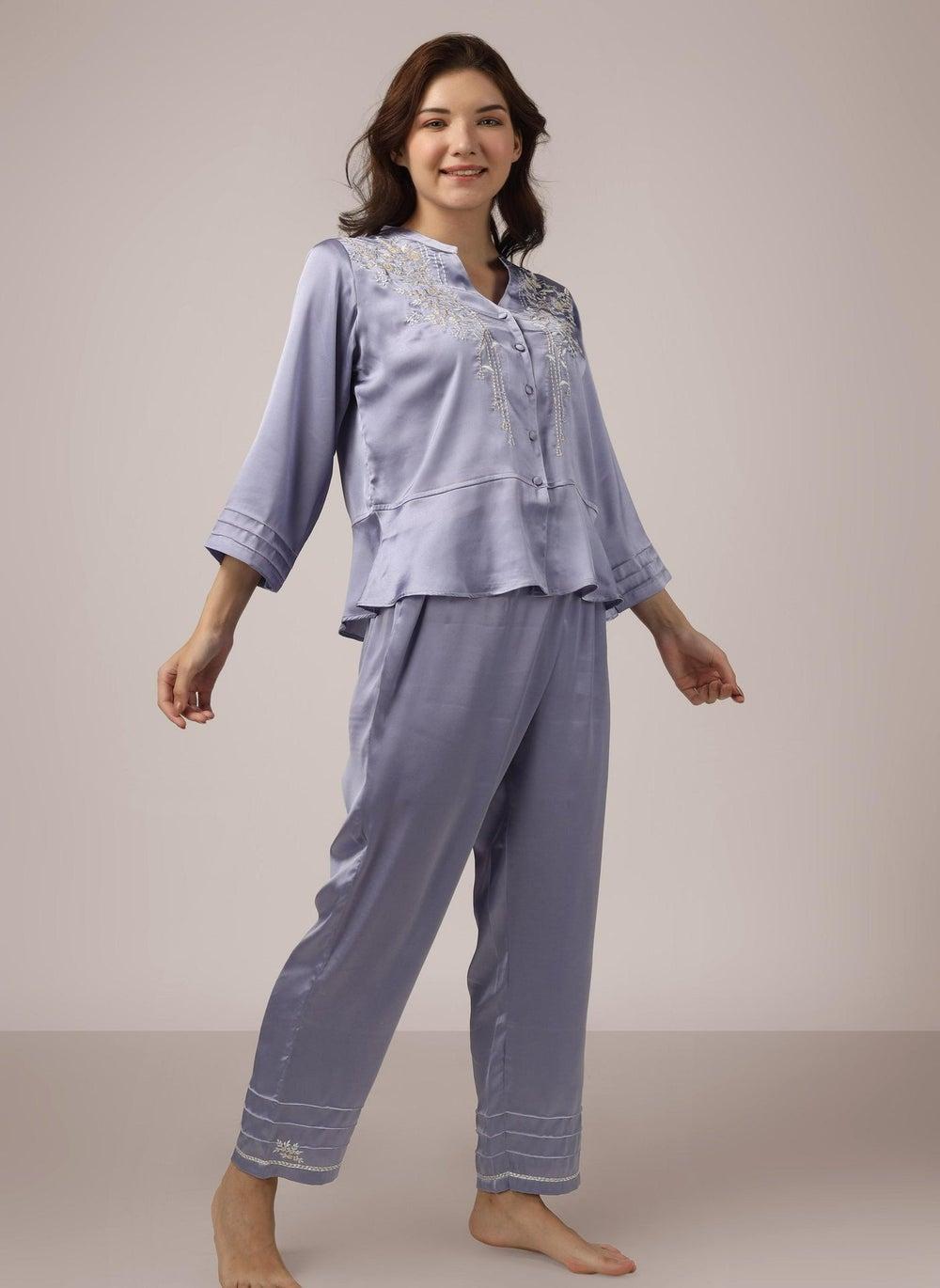Nora Lilac Embroidered Luxe Satin Pyjama Set - Image 1