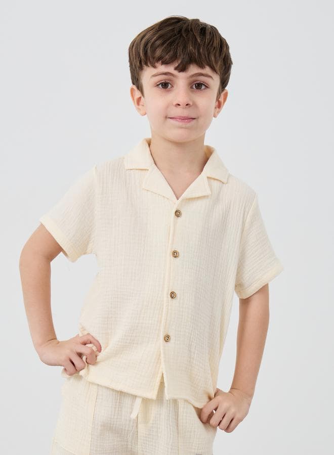 Beige Textured Buttoned Short Sleeve Cotton Shirt - Image 1