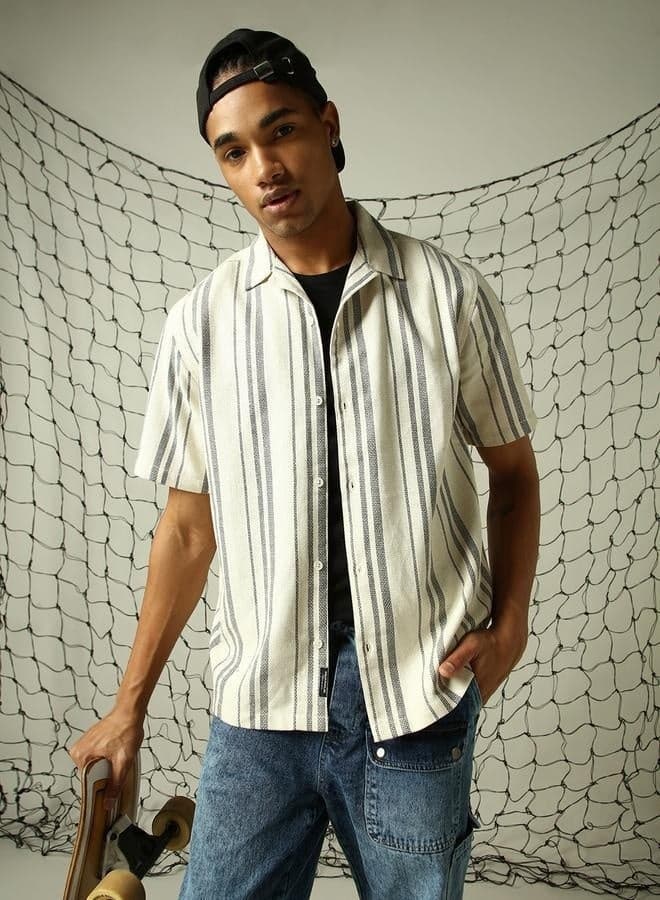 Men’s White Striped Cotton Shirt Classic Fit - Image 1